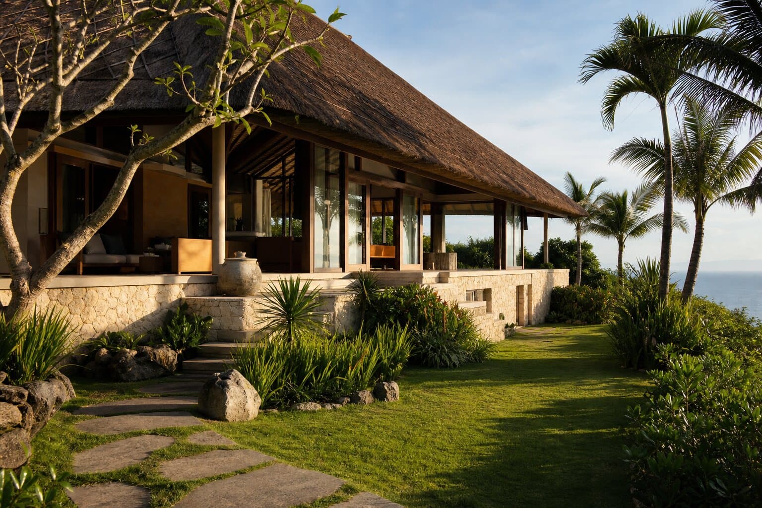 The villa's thatched pavilion seen from the garden
