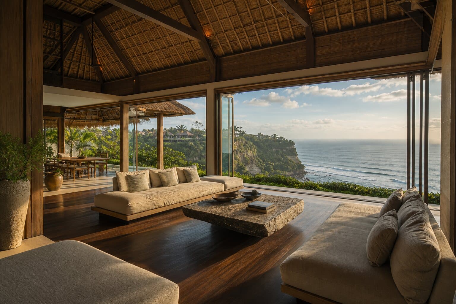 The open living pavilion, glass walls onto the ocean
