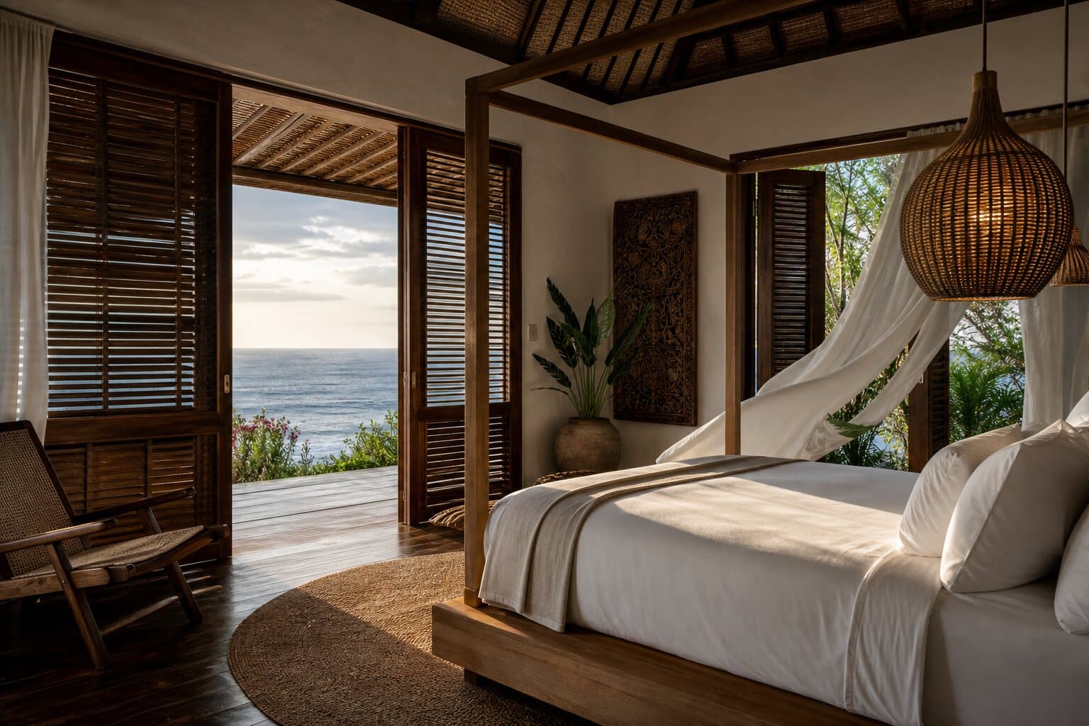 The main bedroom, a teak four-poster bed in white linen
