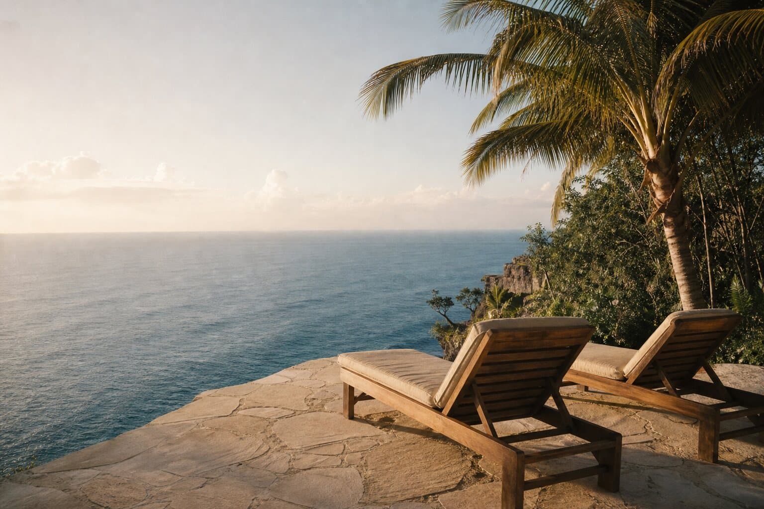 The terrace, two loungers and the ocean to the horizon
