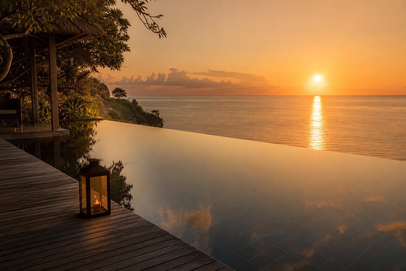 The infinity pool at golden hour, the low sun on still water