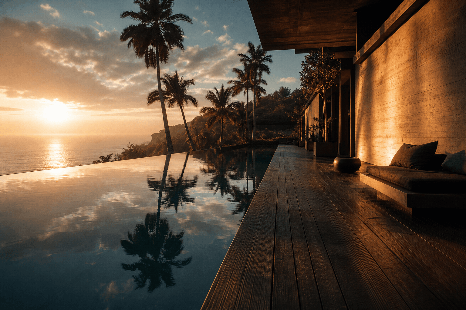 A villa's infinity pool at golden hour, the low sun on still water